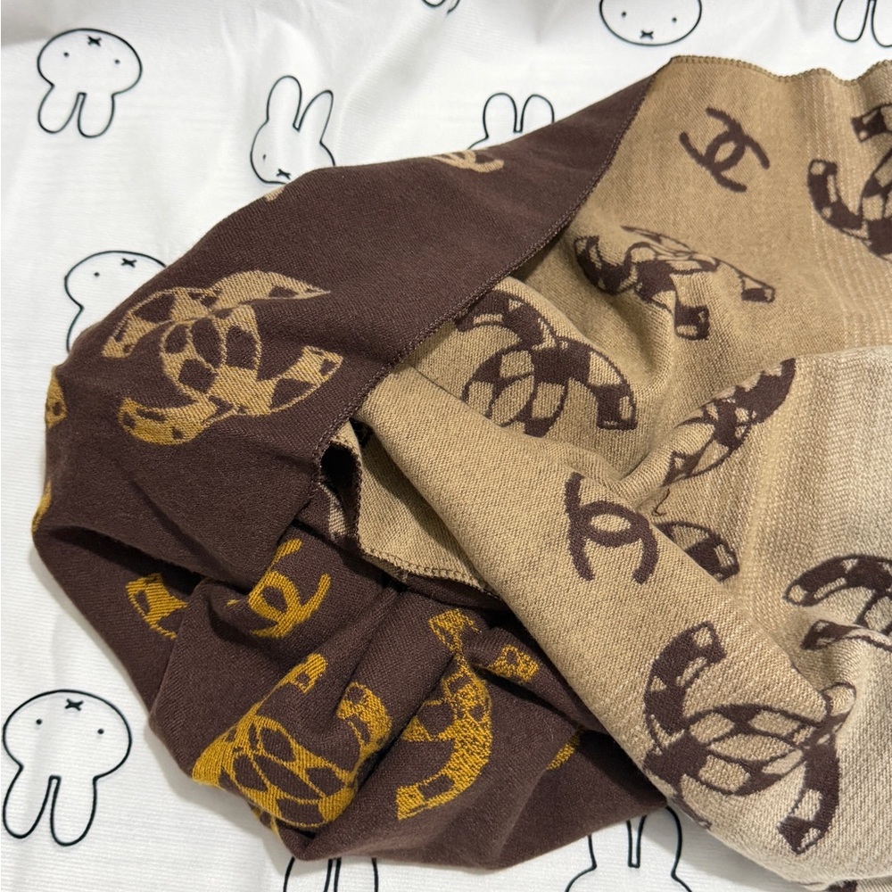 CHANEL Brown Logo Fringe Scarf with Gold Accents - Picture 6 of 6